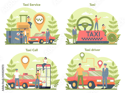Taxi service concept set. Yellow taxi car. Automobile cab with driver