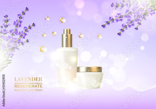 Lavender cosmetic label of organic cosmetic and skin care cream. Lavender cream and oil.