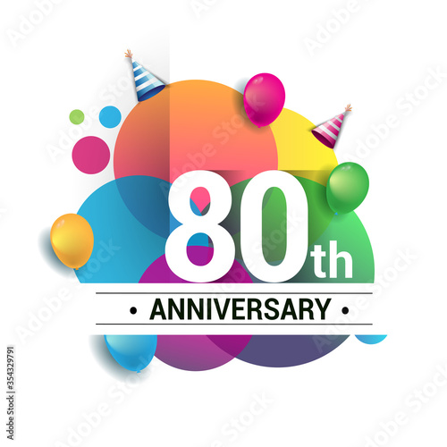 80th years anniversary logo, vector design birthday celebration with colorful geometric, Circles and balloons isolated on white background.
