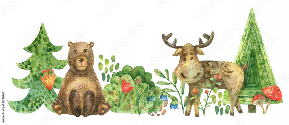 Naklejka premium Watercolor border of forest trees (fir trees, bushes, branches, berries). Illustration of animals, moose and bear