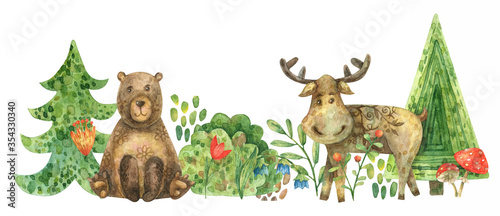Watercolor border of forest trees (fir trees, bushes, branches, berries). Illustration of animals, moose and bear