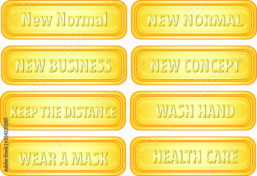 set of labels golden button new normal concept, after covid-19, new business standard after pandemic
