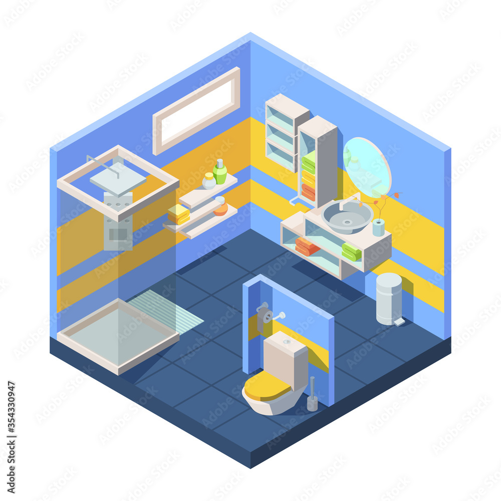 Bathroom isometric illustration. Compact bathroom concept closed shower toilet behind partition, corner with mirror combined washstand shelves storing towels shampoo soap. Isometric cartoon vector.