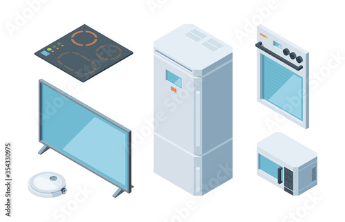 Kitchen isometric furniture set. Two chamber modern white refrigerator microwave plasma tv induction stove electric oven programmable vacuum cleaner. Vector isometric cartoon style.