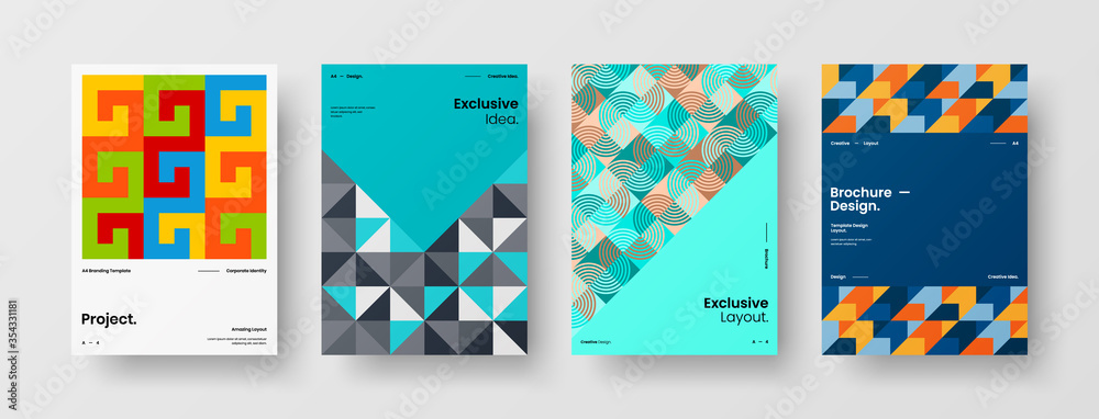 Company identity brochure template collection. Business presentation vector A4 vertical orientation front page mock up set. Corporate report cover abstract geometric illustration design layout bundle.