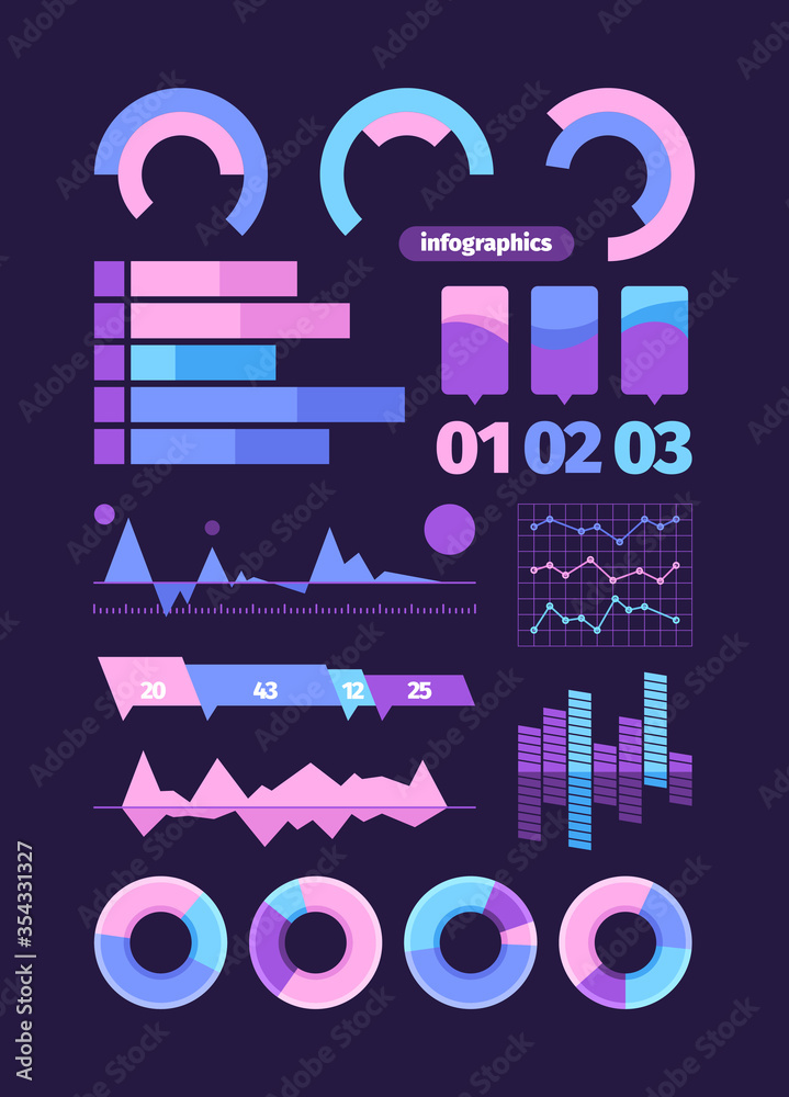 Obraz premium Infographics element set. Infographic symbol pie wave diagram dashed business graph digital oscillation waves web presentation modern statistics. Color vector flat style.
