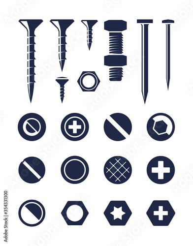 Screw silhouette bolt nail set. Fixing screw self tapping bolt with nut top side view construction carpentry nails various types caps hexagon star diagonal round. Vector silhouette style.