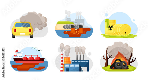 Environmental pollution set. Car exhaust industrial wastewater radioactive toxic waste spilled oil factory combustion options burning plastic, trash tires. Cartoon vector style.