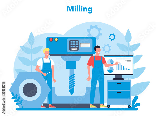 Miller and milling concept illustration. Engineer drilling meta