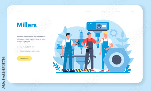 Miller and milling web banner or landing page. Engineer drilling