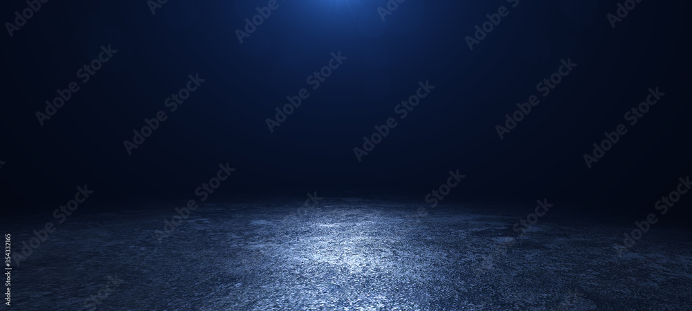 abstract dark blue concentrate floor scene with flare and  light, spotlight and display. banner