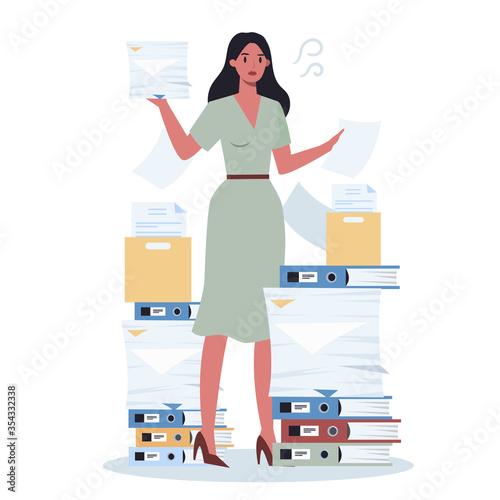 Office person with a lot of paperwork. Deadline and busy lifestyle