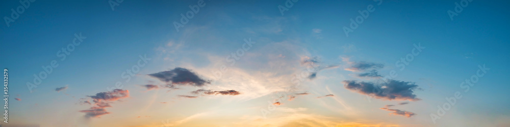 Panorama of Dramatic vibrant color with beautiful cloud of sunrise and sunset. Panoramic image.