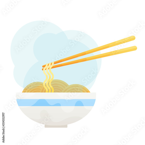 vector flat asian wok udon noodles in ceramic pot with bamboo sticks.