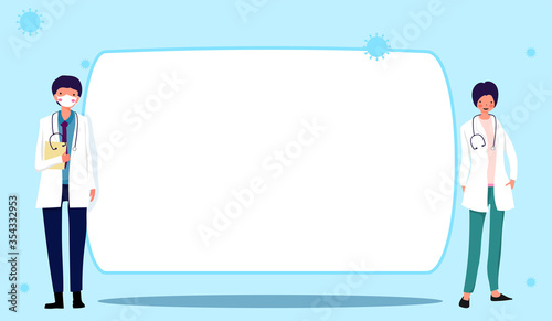 Male doctors and female doctors with empty space,Cute character,pink cheek,rosy cheek,vector illustration for graphic design,website or banner