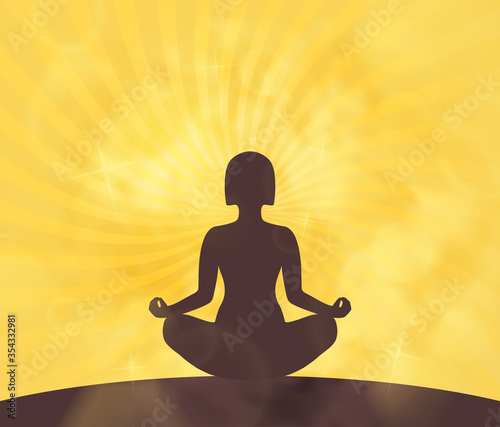 Yoga banner. Vector poster with girl silhouette in meditation and yellow blurry background with sun rays. Meditating woman in lotos pose. Spiritual health practice.