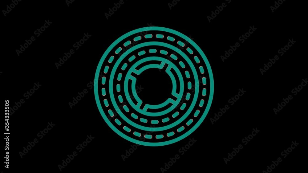 Colored graphic object on a minimal black background, which rotates clockwise reducing the size from full screen to zero, then returns to full screen. Colored graphic object on a minimal black background, which rotates clockwise reducing the size from full screen to zero, then returns to full screen.