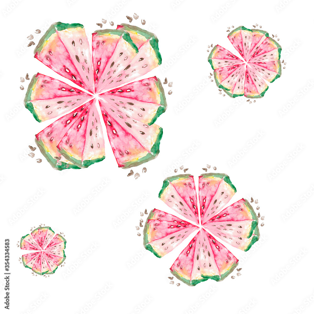 slices of pink watermelon folded in the shape of a flower. watercolor. seamless pattern. Suitable for fabric, paper products, background, decoration. slices of pink watermelon folded in the shape of a flower. watercolor. seamless pattern. Suitable for fabric, paper products, background, decoration.