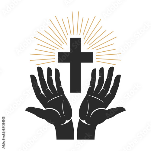 Hands with shining holy cross. Design element for logo, label, emblem, sign, badge. Vector illustration