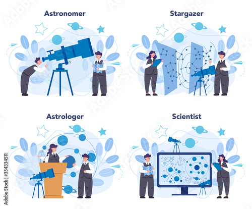 Astronomy and astronomer concept set. Professional scientist looking