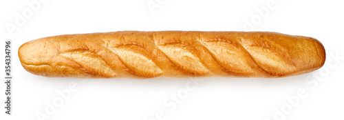Baked baguette isolated on white background. Top view of bread.