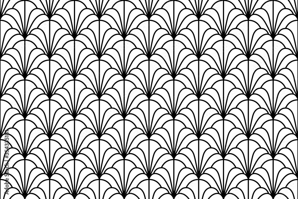Seashell seamless pattern. Laser cut. Gatsby texture. Art deco fan for laser cutting. Scale ornate background. Roaring great style. Black and white geometric nouveau. Design shell for prints. Vector