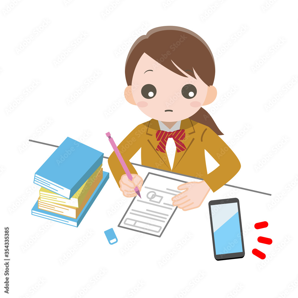 机に向かって勉強している女の子がスマホを気にしている_線なし 机に向かって勉強している女の子がスマホを気にしている_線なし