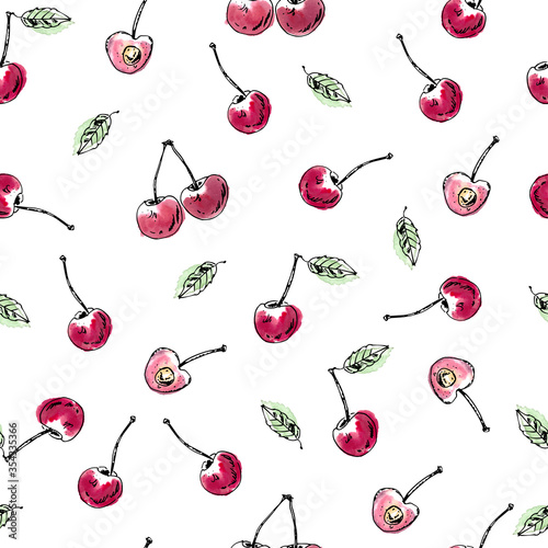 Hand drawn seamless pattern. Ink sketch sweet cherry. Summer berry background