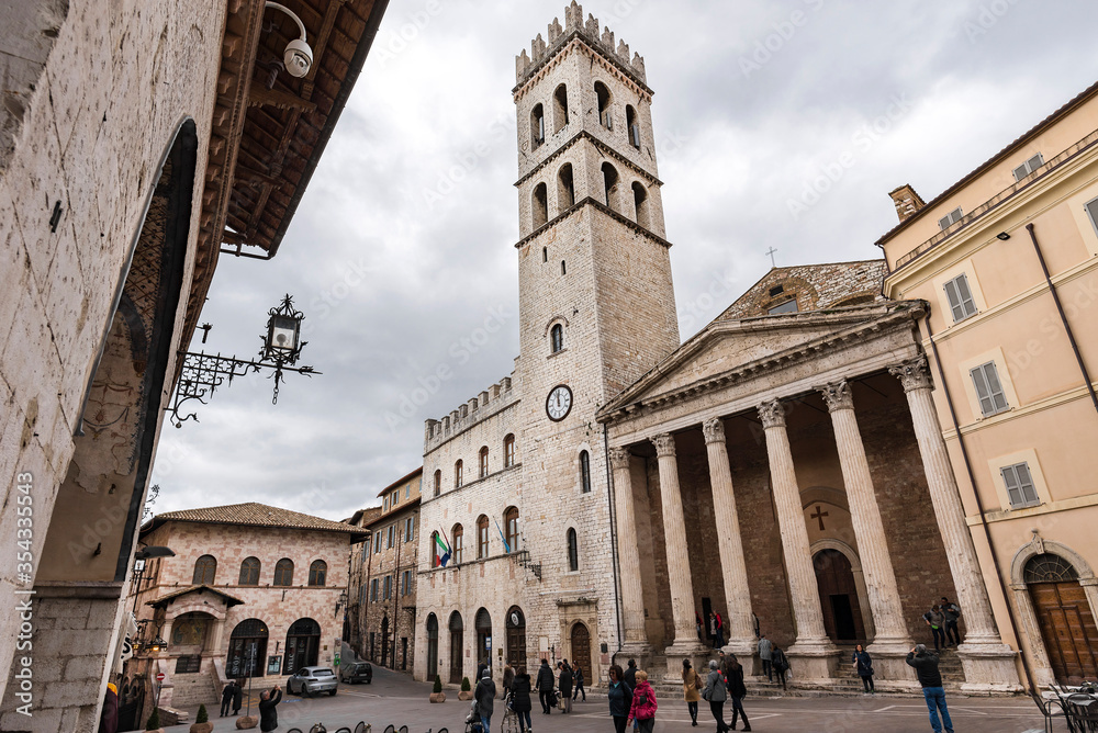 Italy, Assisi,City of San Francesco and Santa Chiara, central square, front of the church of Santa Maria Sopra Minerva,