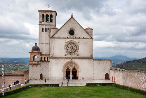 Italy, front of the Basilica of St. Francis in Assisi, medieval city of central Italy, birthplace of St. Francis and St. Clare