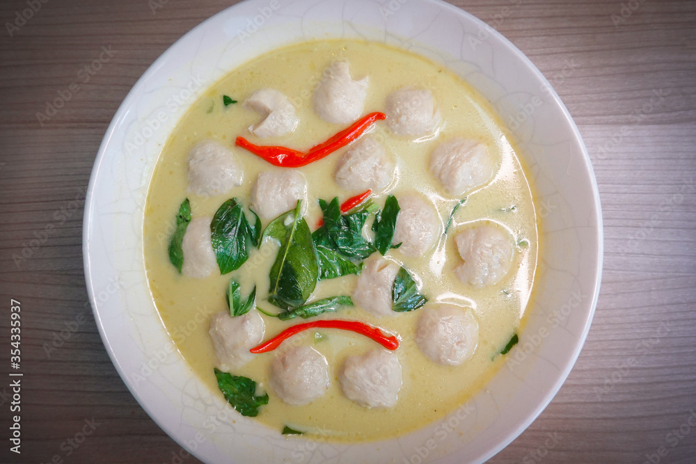 traditional real Thai culture Green curry paste cuisine or kaeng khiao wan with crabs meat beef balls box set famous street fast foods menu at thailand on wood traditional real Thai culture Green curry paste cuisine or kaeng khiao wan with crabs meat beef balls box set famous street fast foods menu at thailand on wood
