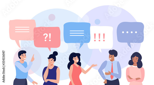 Group of people talking and thinking, friends with speech bubbles, vector flat illustration