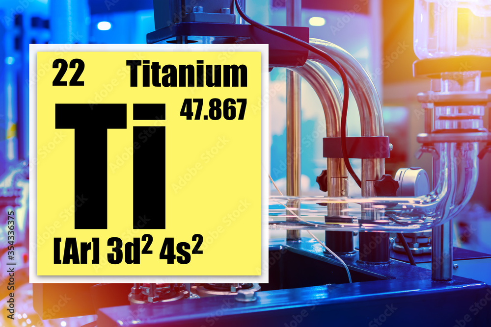 Chemical element titanium. Titanium element logo with a periodic table