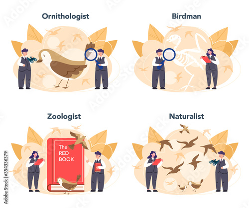 Ornithologist concept set. Professional scientist study birds. Zoologist
