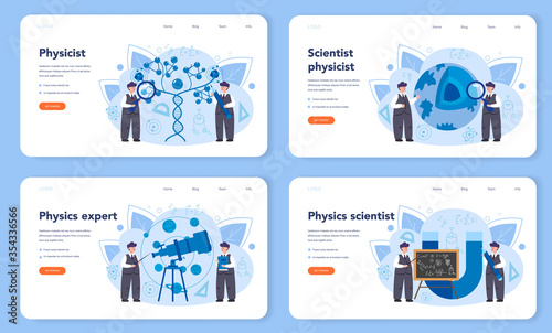 Physicist web banner or landing page set. Scientist explore electricity,