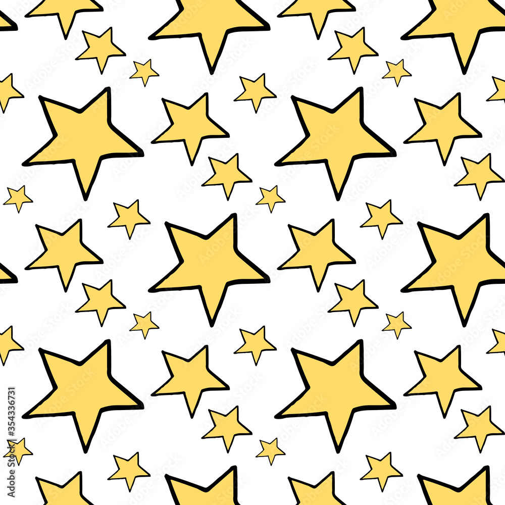 Seamless pattern with creative yellow stars on white background. Vector image.