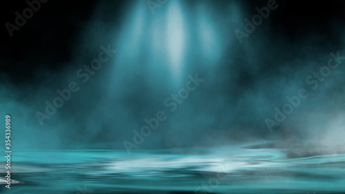 Dramatic dark background. Reflection of light on the water. Smoke fog. 3d illustration