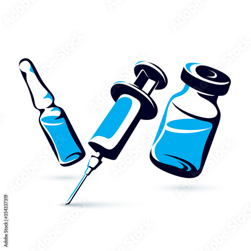 Vector graphic illustration of vial, ampoule with medicine and medical syringe for injections. Scheduled vaccination theme.