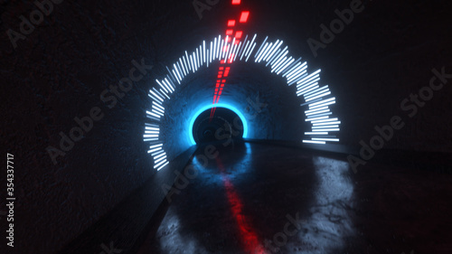 Photography Ultra-fast abstract flight in a tunnel with rough roads and bright neon lights