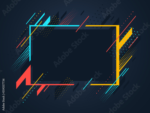 Artistic colorful frame with different elements over dark, vector abstract background art style bright shiny colors, geometric design.