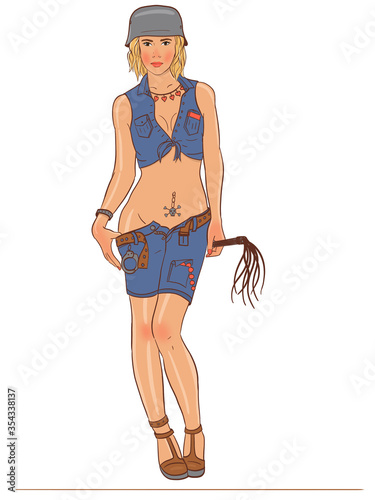 Quadro em tela Girl with a whip in a helmet wants to start a sexual game bdsm illustration in p