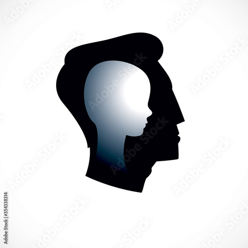 Psychology vector logo created with man head profile and little child boy inside, inner child concept, origin of human individuality and psychic problems. Psychotherapy and psychoanalysis concept.