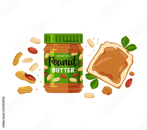 Illustration of a jar of peanut butter, bread and peanuts isolated on a white background. Vector. Website and mobile app design.