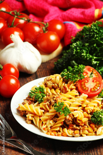 Fusilli pasta with meat and vegetables