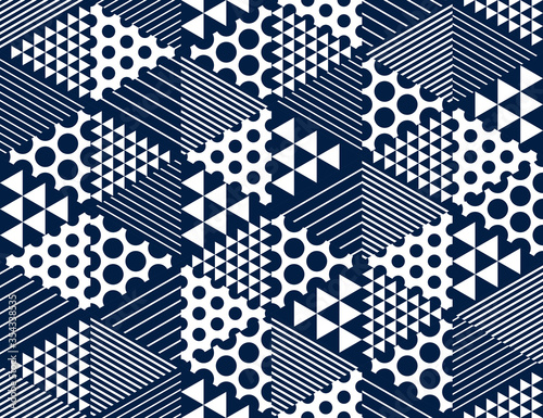 Geometric 3D seamless pattern with cubes, rhombus and triangles and dots boxes blocks vector background, architecture and construction, wallpaper design.