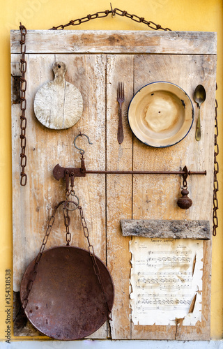 Old dishware on a board