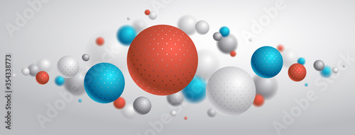 Abstract dotted spheres vector background, composition of flying balls decorated with dots, 3D mixed realistic globes, realistic depth of field effect.