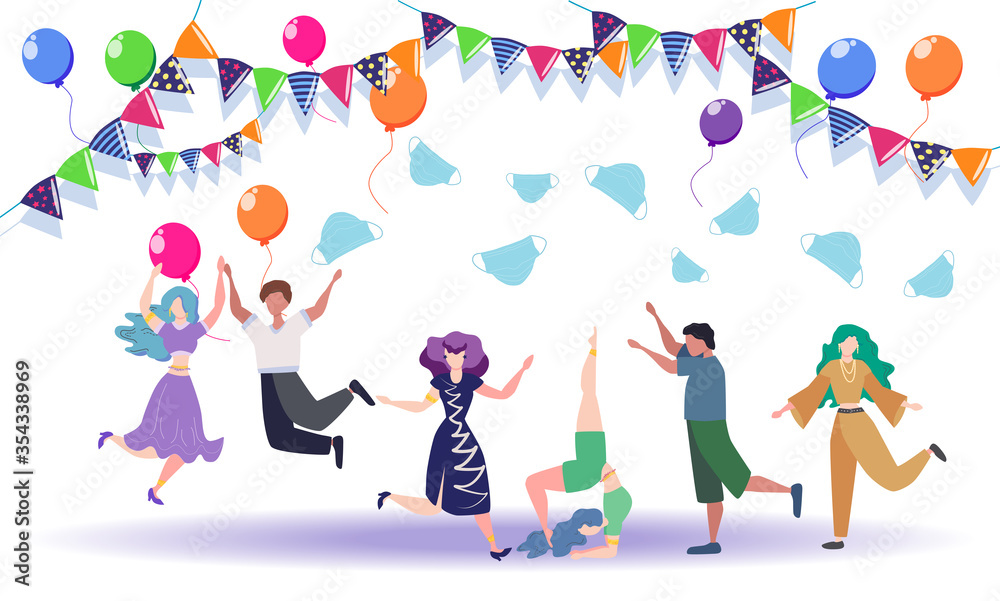 Naklejka premium Concept of ending pandemic. People celebrate the end of quarantine, throw masks in the air. coronavirus epidemic covid-19. Banner. Ending quarantine. Quarantine canceled.