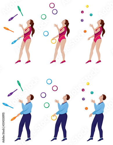 Jugglers with clubs, rings and balls. Male and female circus characters.