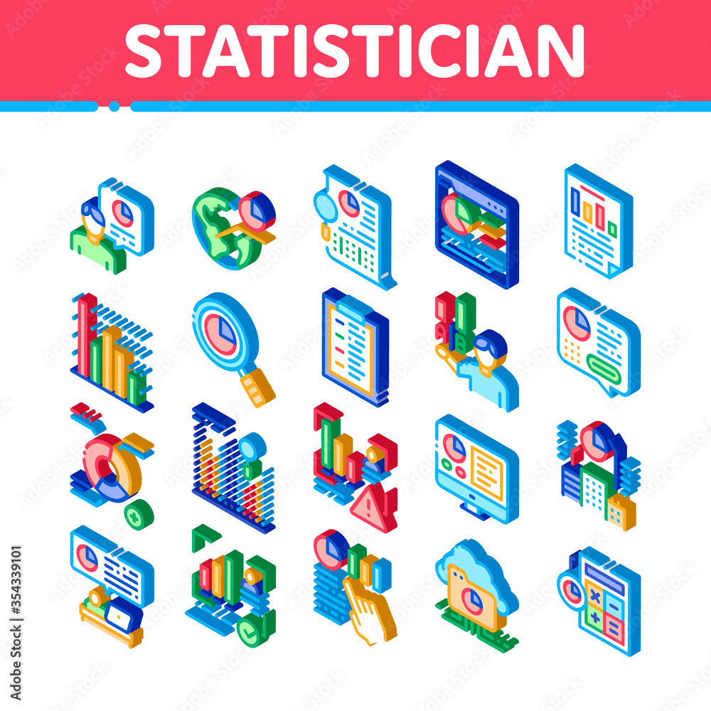 Statistician Assistant Icons Set Vector. Isometric Statistician Research And Document File, Web Site On Computer Screen And Cloud Storage Illustrations